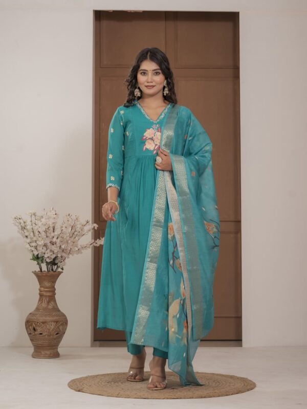 Firoji Mulchanderi A-Line Suit Set ethnic wear for women, festive ethnic wear, festive suit set, lightweight silk blend suit, silk blend suit set, silk kurta set, women’s silk suit 