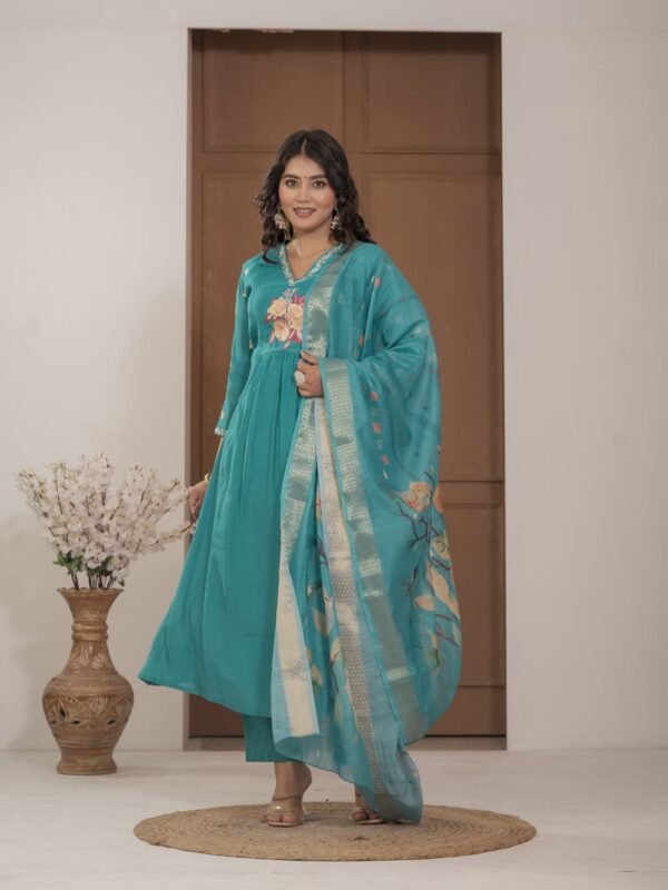 Firoji Mulchanderi A-Line Suit Set ethnic wear for women, festive ethnic wear, festive suit set, lightweight silk blend suit, silk blend suit set, silk kurta set, women’s silk suit 