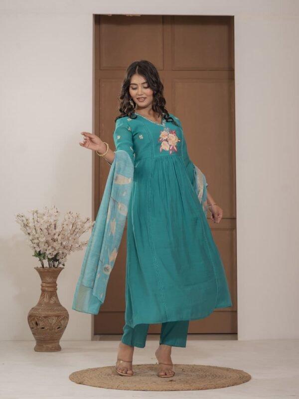 Firoji Mulchanderi A-Line Suit Set ethnic wear for women, festive ethnic wear, festive suit set, lightweight silk blend suit, silk blend suit set, silk kurta set, women’s silk suit 