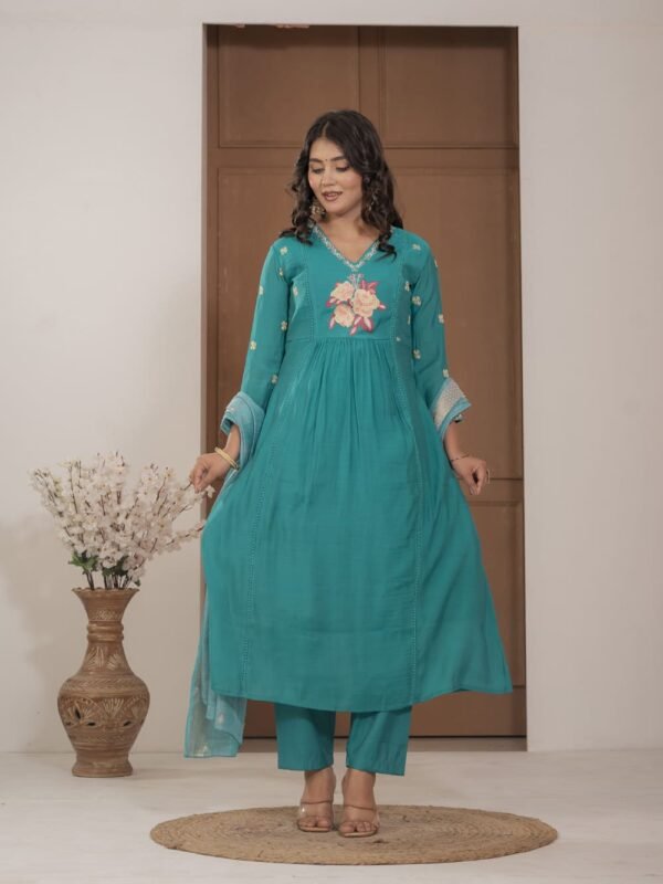 Firoji Mulchanderi A-Line Suit Set ethnic wear for women, festive ethnic wear, festive suit set, lightweight silk blend suit, silk blend suit set, silk kurta set, women’s silk suit 