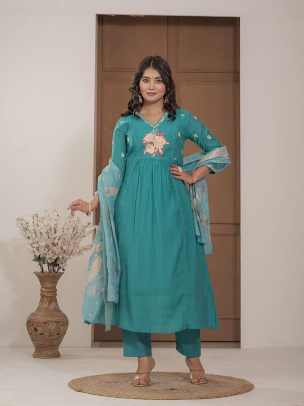 Firoji Mulchanderi A-Line Suit Set ethnic wear for women, festive ethnic wear, festive suit set, lightweight silk blend suit, silk blend suit set, silk kurta set, women’s silk suit 