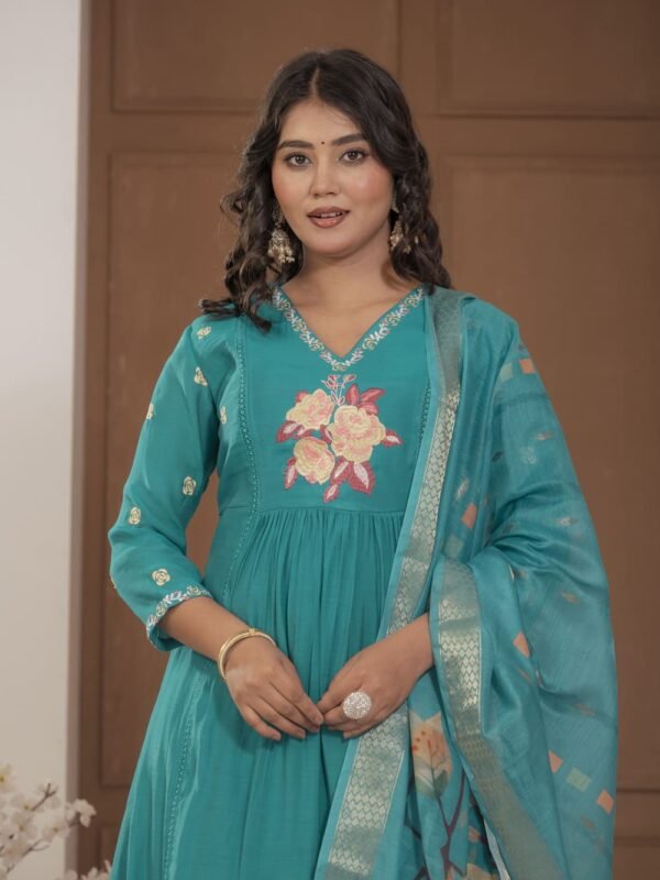 Firoji Mulchanderi A-Line Suit Set ethnic wear for women, festive ethnic wear, festive suit set, lightweight silk blend suit, silk blend suit set, silk kurta set, women’s silk suit 