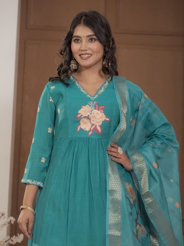 Firoji Mulchanderi A-Line Suit Set ethnic wear for women, festive ethnic wear, festive suit set, lightweight silk blend suit, silk blend suit set, silk kurta set, women’s silk suit 