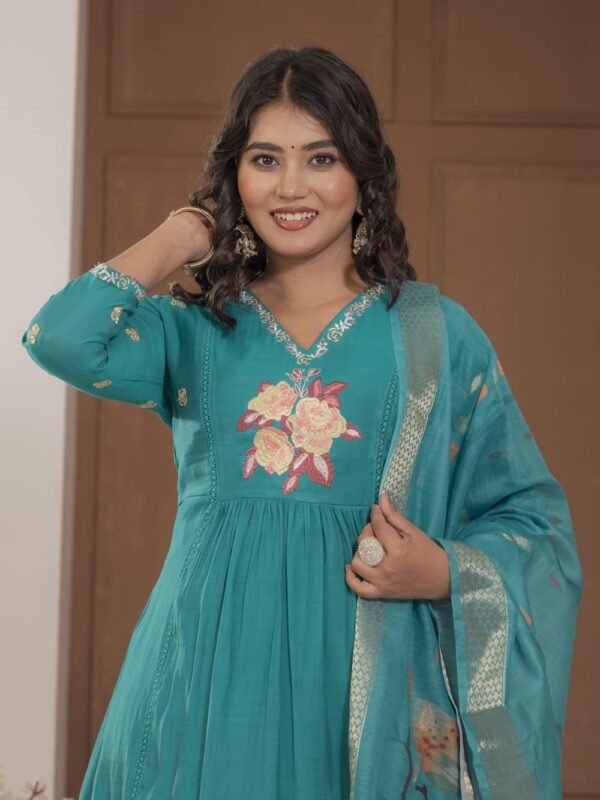 Firoji Mulchanderi A-Line Suit Set ethnic wear for women, festive ethnic wear, festive suit set, lightweight silk blend suit, silk blend suit set, silk kurta set, women’s silk suit 