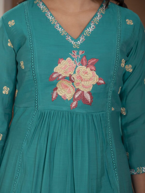 Firoji Mulchanderi A-Line Suit Set ethnic wear for women, festive ethnic wear, festive suit set, lightweight silk blend suit, silk blend suit set, silk kurta set, women’s silk suit 