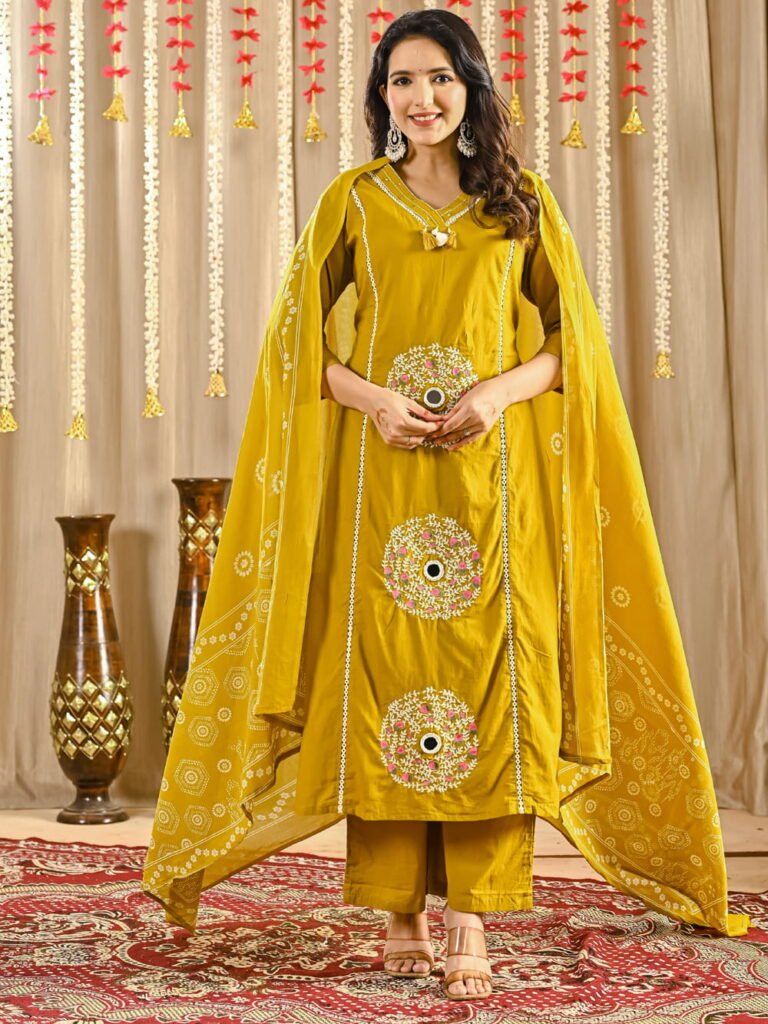 Olive Glow Mirror Motif Cotton Suit Set ethnic wear for women, festive ethnic wear, festive suit set, lightweight silk blend suit, silk blend suit set, silk kurta set, women’s silk suit 
