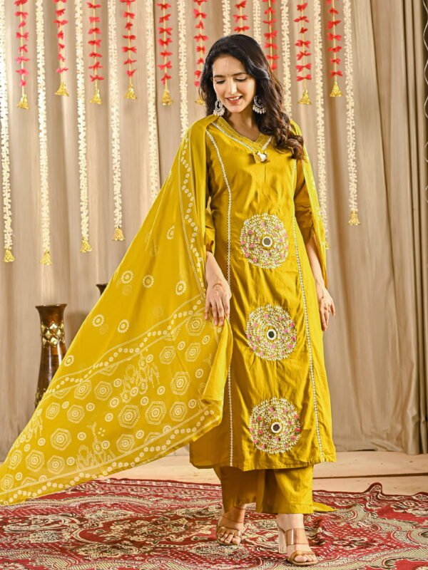 Olive Glow Mirror Motif Cotton Suit Set ethnic wear for women, festive ethnic wear, festive suit set, lightweight silk blend suit, silk blend suit set, silk kurta set, women’s silk suit 