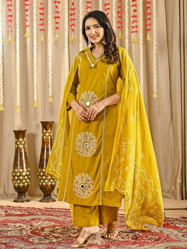 Olive Glow Mirror Motif Cotton Suit Set ethnic wear for women, festive ethnic wear, festive suit set, lightweight silk blend suit, silk blend suit set, silk kurta set, women’s silk suit 