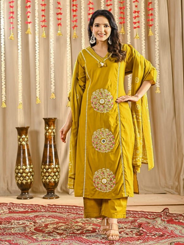 Olive Glow Mirror Motif Cotton Suit Set ethnic wear for women, festive ethnic wear, festive suit set, lightweight silk blend suit, silk blend suit set, silk kurta set, women’s silk suit 