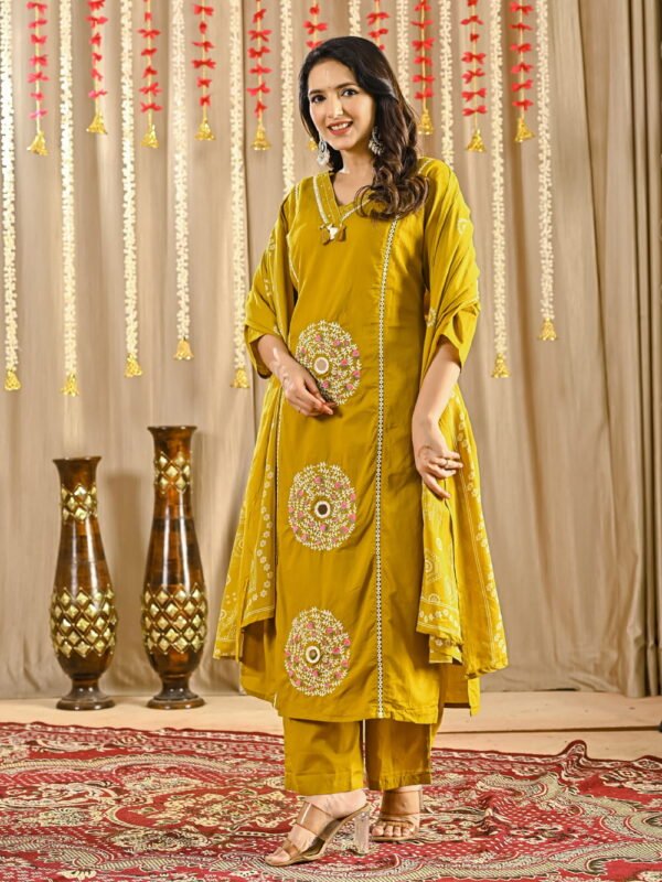 Olive Glow Mirror Motif Cotton Suit Set ethnic wear for women, festive ethnic wear, festive suit set, lightweight silk blend suit, silk blend suit set, silk kurta set, women’s silk suit 
