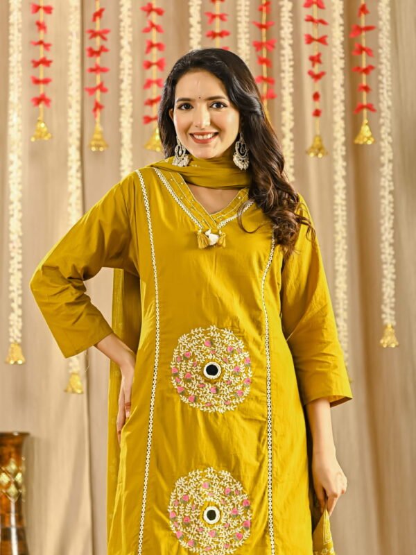 Olive Glow Mirror Motif Cotton Suit Set ethnic wear for women, festive ethnic wear, festive suit set, lightweight silk blend suit, silk blend suit set, silk kurta set, women’s silk suit 
