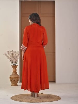 Rust amber Chiffon Anarkali with Embellished Band Collar