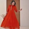 Rust amber Chiffon Anarkali with Embellished Band Collar ethnic wear for women, festive ethnic wear, festive suit set, lightweight silk blend suit, silk blend suit set, silk kurta set, women’s silk suit 