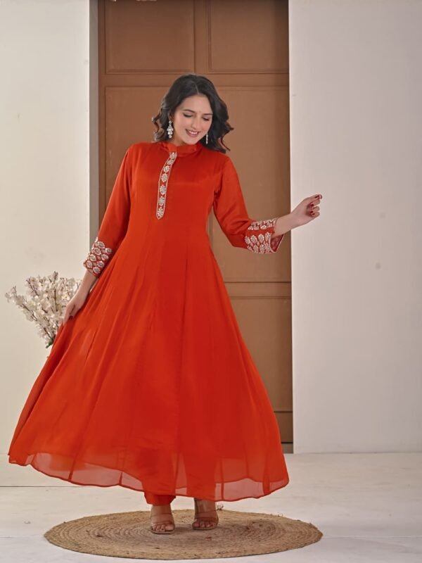 Rust amber Chiffon Anarkali with Embellished Band Collar ethnic wear for women, festive ethnic wear, festive suit set, lightweight silk blend suit, silk blend suit set, silk kurta set, women’s silk suit 
