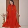 Rust amber Chiffon Anarkali with Embellished Band Collar ethnic wear for women, festive ethnic wear, festive suit set, lightweight silk blend suit, silk blend suit set, silk kurta set, women’s silk suit 