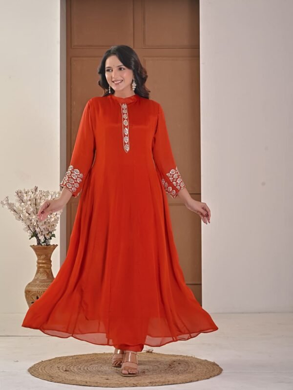 Rust amber Chiffon Anarkali with Embellished Band Collar ethnic wear for women, festive ethnic wear, festive suit set, lightweight silk blend suit, silk blend suit set, silk kurta set, women’s silk suit 