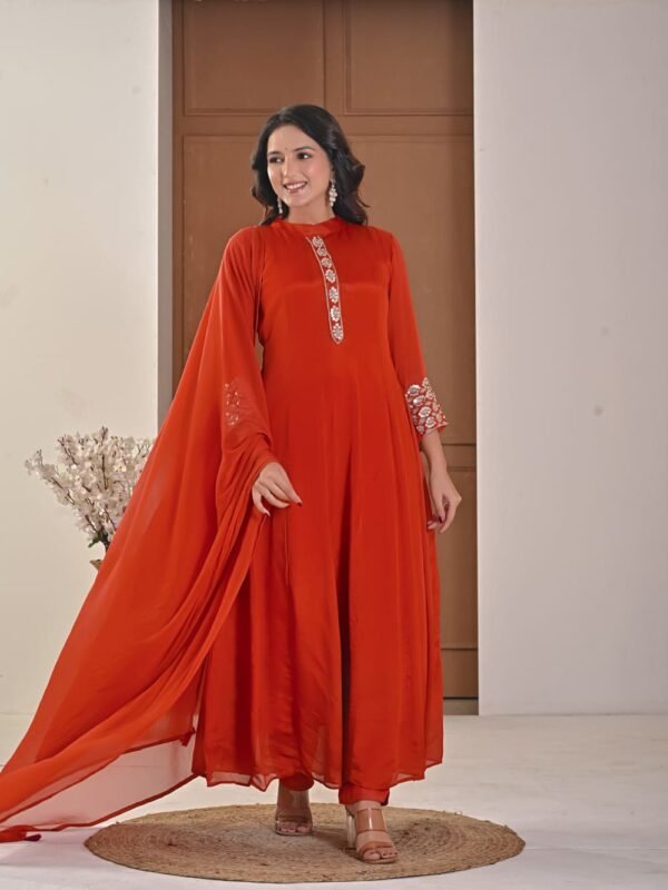 Rust amber Chiffon Anarkali with Embellished Band Collar ethnic wear for women, festive ethnic wear, festive suit set, lightweight silk blend suit, silk blend suit set, silk kurta set, women’s silk suit 