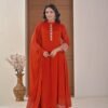 Rust amber Chiffon Anarkali with Embellished Band Collar ethnic wear for women, festive ethnic wear, festive suit set, lightweight silk blend suit, silk blend suit set, silk kurta set, women’s silk suit 