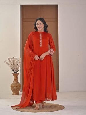 Rust amber Chiffon Anarkali with Embellished Band Collar ethnic wear for women, festive ethnic wear, festive suit set, lightweight silk blend suit, silk blend suit set, silk kurta set, women’s silk suit 