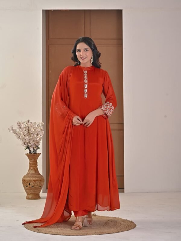 Rust amber Chiffon Anarkali with Embellished Band Collar ethnic wear for women, festive ethnic wear, festive suit set, lightweight silk blend suit, silk blend suit set, silk kurta set, women’s silk suit 