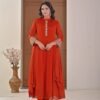 Rust amber Chiffon Anarkali with Embellished Band Collar ethnic wear for women, festive ethnic wear, festive suit set, lightweight silk blend suit, silk blend suit set, silk kurta set, women’s silk suit 