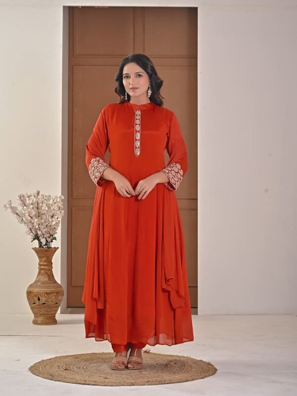 Rust amber Chiffon Anarkali with Embellished Band Collar ethnic wear for women, festive ethnic wear, festive suit set, lightweight silk blend suit, silk blend suit set, silk kurta set, women’s silk suit 