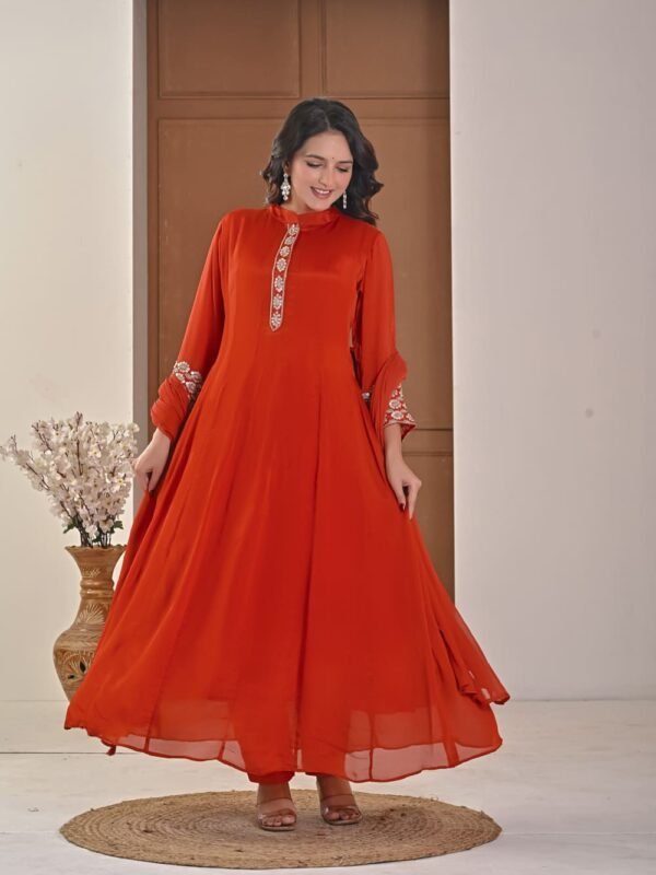 Rust amber Chiffon Anarkali with Embellished Band Collar ethnic wear for women, festive ethnic wear, festive suit set, lightweight silk blend suit, silk blend suit set, silk kurta set, women’s silk suit 