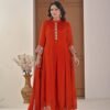 Rust amber Chiffon Anarkali with Embellished Band Collar ethnic wear for women, festive ethnic wear, festive suit set, lightweight silk blend suit, silk blend suit set, silk kurta set, women’s silk suit 