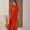 Rust amber Chiffon Anarkali with Embellished Band Collar ethnic wear for women, festive ethnic wear, festive suit set, lightweight silk blend suit, silk blend suit set, silk kurta set, women’s silk suit 
