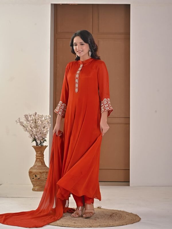 Rust amber Chiffon Anarkali with Embellished Band Collar ethnic wear for women, festive ethnic wear, festive suit set, lightweight silk blend suit, silk blend suit set, silk kurta set, women’s silk suit 
