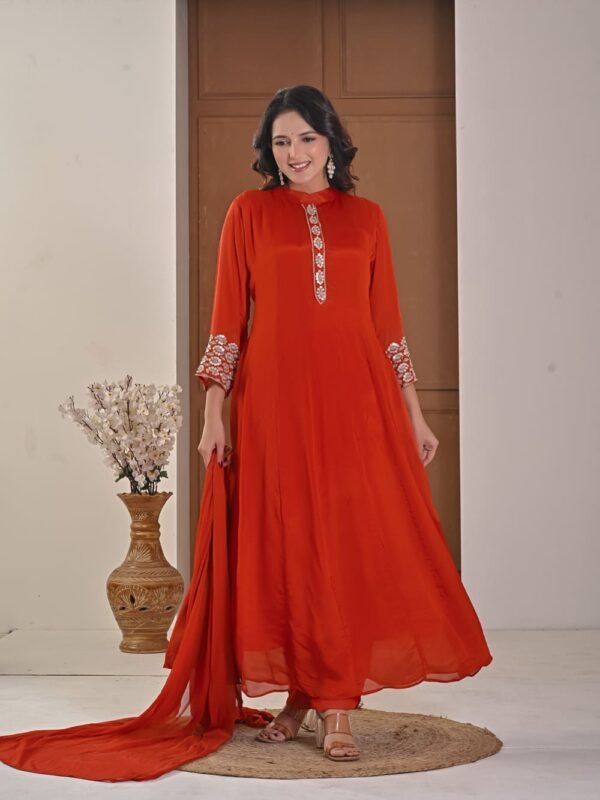 Rust amber Chiffon Anarkali with Embellished Band Collar ethnic wear for women, festive ethnic wear, festive suit set, lightweight silk blend suit, silk blend suit set, silk kurta set, women’s silk suit 