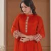 Rust amber Chiffon Anarkali with Embellished Band Collar ethnic wear for women, festive ethnic wear, festive suit set, lightweight silk blend suit, silk blend suit set, silk kurta set, women’s silk suit 