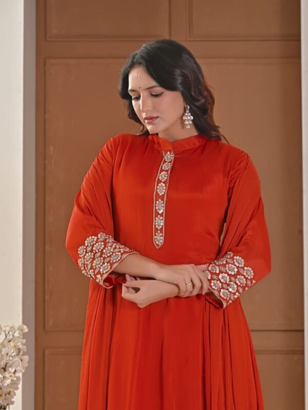 Rust amber Chiffon Anarkali with Embellished Band Collar ethnic wear for women, festive ethnic wear, festive suit set, lightweight silk blend suit, silk blend suit set, silk kurta set, women’s silk suit 