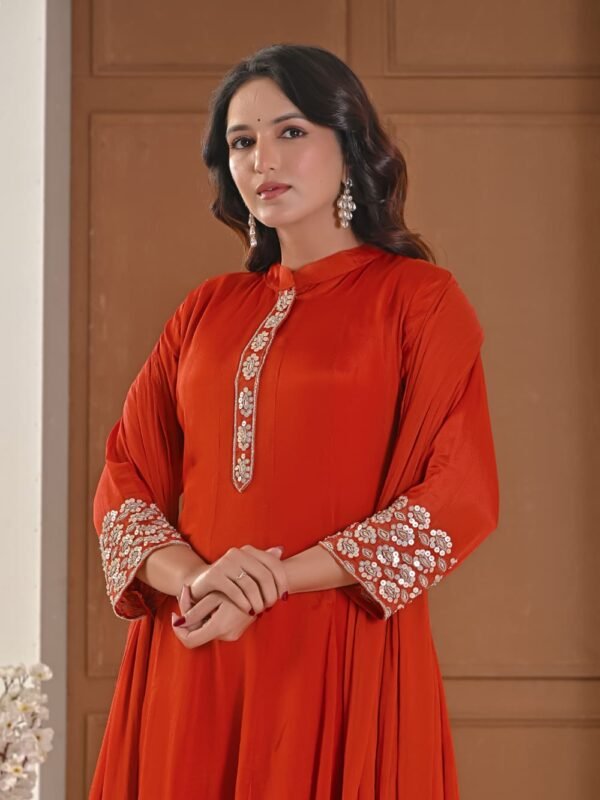 Rust amber Chiffon Anarkali with Embellished Band Collar ethnic wear for women, festive ethnic wear, festive suit set, lightweight silk blend suit, silk blend suit set, silk kurta set, women’s silk suit 