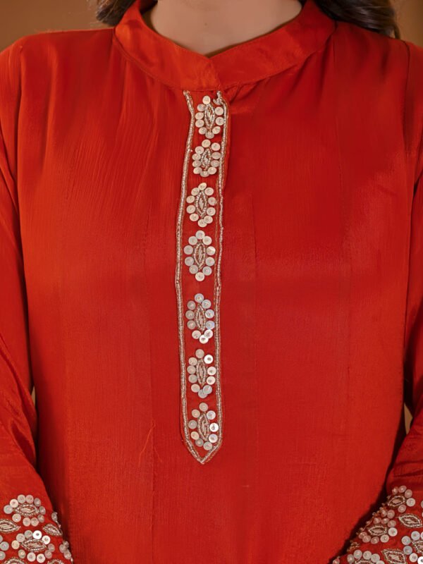 Rust amber Chiffon Anarkali with Embellished Band Collar ethnic wear for women, festive ethnic wear, festive suit set, lightweight silk blend suit, silk blend suit set, silk kurta set, women’s silk suit 