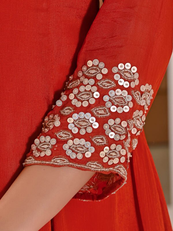 Rust amber Chiffon Anarkali with Embellished Band Collar ethnic wear for women, festive ethnic wear, festive suit set, lightweight silk blend suit, silk blend suit set, silk kurta set, women’s silk suit 