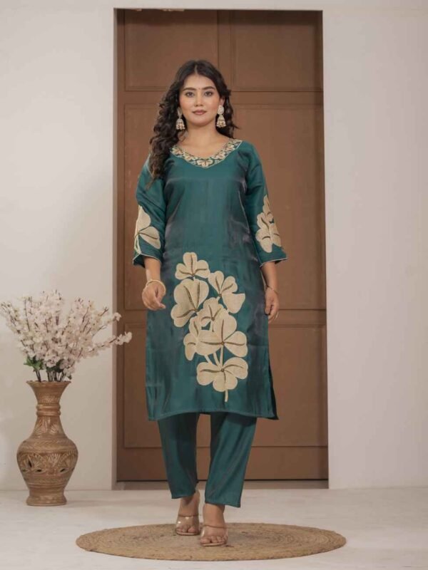 Teal Blossom Mulchanderi Festive Suit Set ethnic wear for women, festive ethnic wear, festive suit set, lightweight silk blend suit, silk blend suit set, silk kurta set, women’s silk suit Teal Blossom Mulchanderi Festive Suit Set ethnic wear for women, festive ethnic wear, festive suit set, lightweight silk blend suit, silk blend suit set, silk kurta set, women’s silk suit