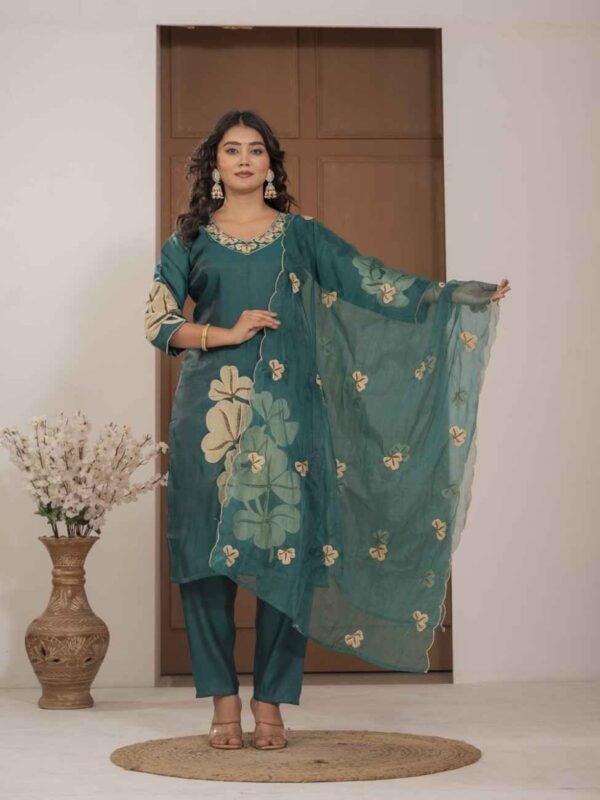 Teal Blossom Mulchanderi Festive Suit Set ethnic wear for women, festive ethnic wear, festive suit set, lightweight silk blend suit, silk blend suit set, silk kurta set, women’s silk suit Teal Blossom Mulchanderi Festive Suit Set ethnic wear for women, festive ethnic wear, festive suit set, lightweight silk blend suit, silk blend suit set, silk kurta set, women’s silk suit