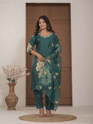 Teal Blossom Mulchanderi Festive Suit Set ethnic wear for women, festive ethnic wear, festive suit set, lightweight silk blend suit, silk blend suit set, silk kurta set, women’s silk suit 
