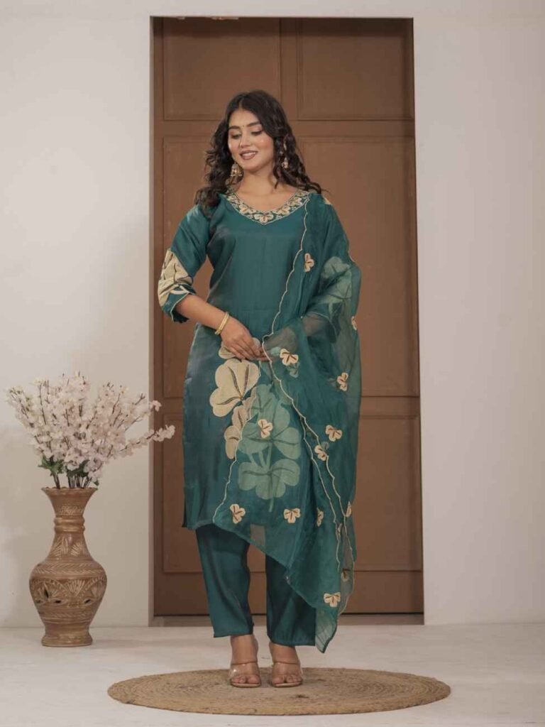Teal Blossom Mulchanderi Festive Suit Set ethnic wear for women, festive ethnic wear, festive suit set, lightweight silk blend suit, silk blend suit set, silk kurta set, women’s silk suit 
