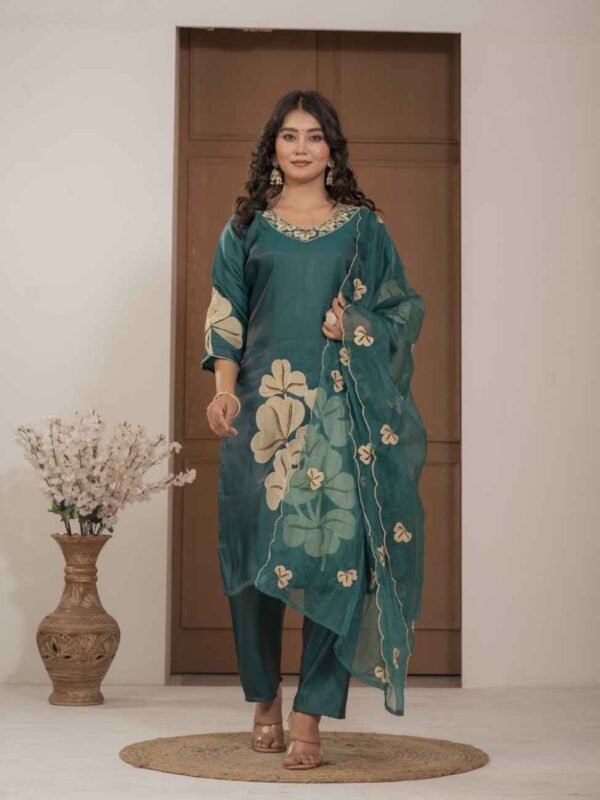 Teal Blossom Mulchanderi Festive Suit Set ethnic wear for women, festive ethnic wear, festive suit set, lightweight silk blend suit, silk blend suit set, silk kurta set, women’s silk suit Teal Blossom Mulchanderi Festive Suit Set ethnic wear for women, festive ethnic wear, festive suit set, lightweight silk blend suit, silk blend suit set, silk kurta set, women’s silk suit