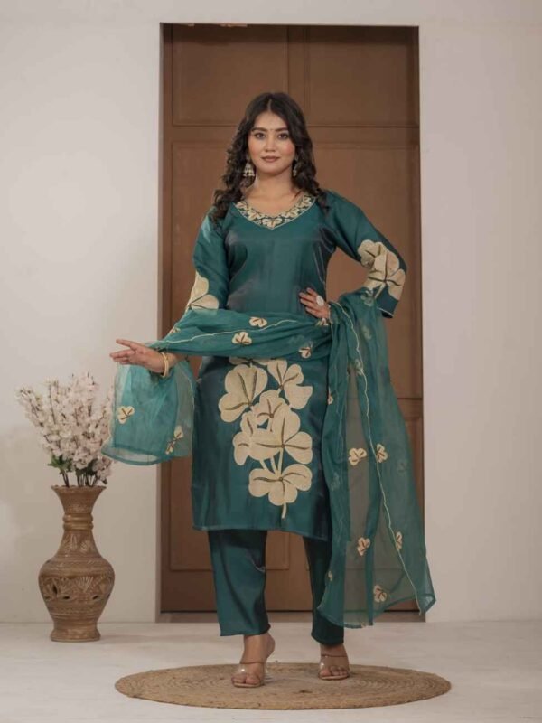 Teal Blossom Mulchanderi Festive Suit Set ethnic wear for women, festive ethnic wear, festive suit set, lightweight silk blend suit, silk blend suit set, silk kurta set, women’s silk suit Teal Blossom Mulchanderi Festive Suit Set ethnic wear for women, festive ethnic wear, festive suit set, lightweight silk blend suit, silk blend suit set, silk kurta set, women’s silk suit