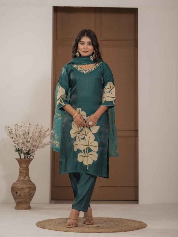 Teal Blossom Mulchanderi Festive Suit Set ethnic wear for women, festive ethnic wear, festive suit set, lightweight silk blend suit, silk blend suit set, silk kurta set, women’s silk suit Teal Blossom Mulchanderi Festive Suit Set ethnic wear for women, festive ethnic wear, festive suit set, lightweight silk blend suit, silk blend suit set, silk kurta set, women’s silk suit