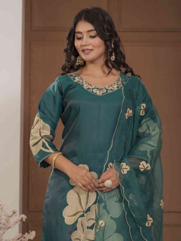 Teal Blossom Mulchanderi Festive Suit Set ethnic wear for women, festive ethnic wear, festive suit set, lightweight silk blend suit, silk blend suit set, silk kurta set, women’s silk suit Teal Blossom Mulchanderi Festive Suit Set ethnic wear for women, festive ethnic wear, festive suit set, lightweight silk blend suit, silk blend suit set, silk kurta set, women’s silk suit