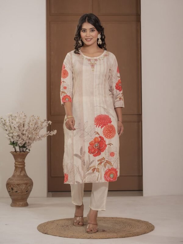 Ivory Cotton Silk Floral Print Suit with Dupatta ethnic wear for women, festive ethnic wear, festive suit set, lightweight silk blend suit, silk blend suit set, silk kurta set, women’s silk suit 