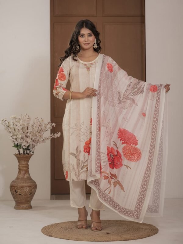 Ivory Cotton Silk Floral Print Suit with Dupatta ethnic wear for women, festive ethnic wear, festive suit set, lightweight silk blend suit, silk blend suit set, silk kurta set, women’s silk suit 