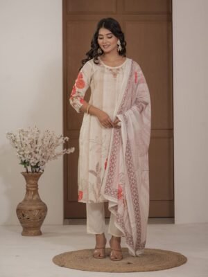 Ivory Cotton Silk Floral Print Suit with Dupatta ethnic wear for women, festive ethnic wear, festive suit set, lightweight silk blend suit, silk blend suit set, silk kurta set, women’s silk suit 