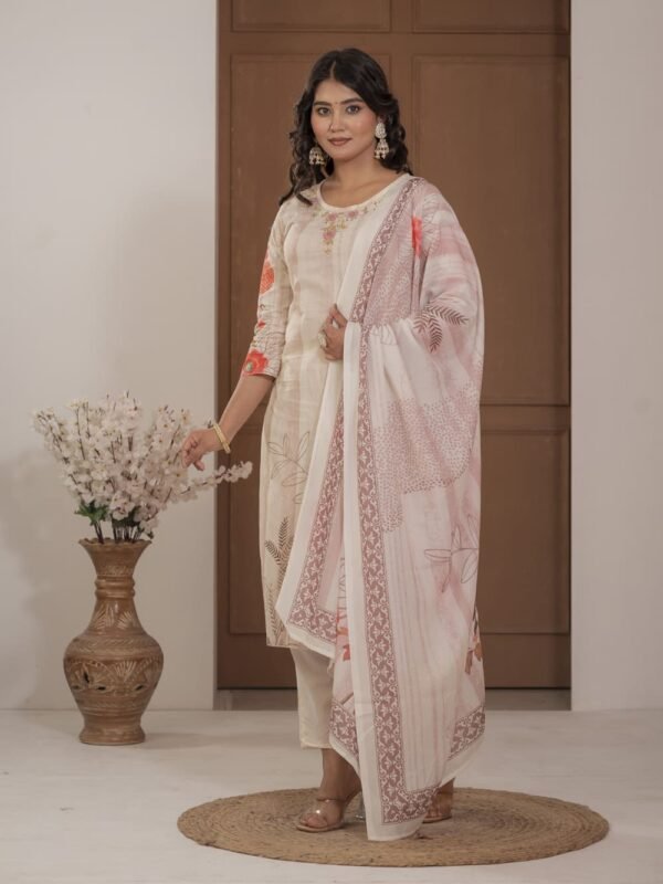 Ivory Cotton Silk Floral Print Suit with Dupatta ethnic wear for women, festive ethnic wear, festive suit set, lightweight silk blend suit, silk blend suit set, silk kurta set, women’s silk suit 