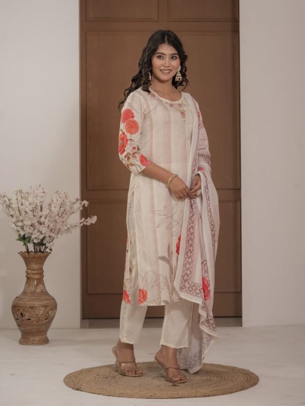 Ivory Cotton Silk Floral Print Suit with Dupatta ethnic wear for women, festive ethnic wear, festive suit set, lightweight silk blend suit, silk blend suit set, silk kurta set, women’s silk suit 