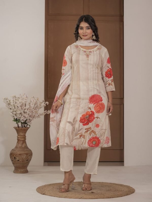 Ivory Cotton Silk Floral Print Suit with Dupatta ethnic wear for women, festive ethnic wear, festive suit set, lightweight silk blend suit, silk blend suit set, silk kurta set, women’s silk suit 